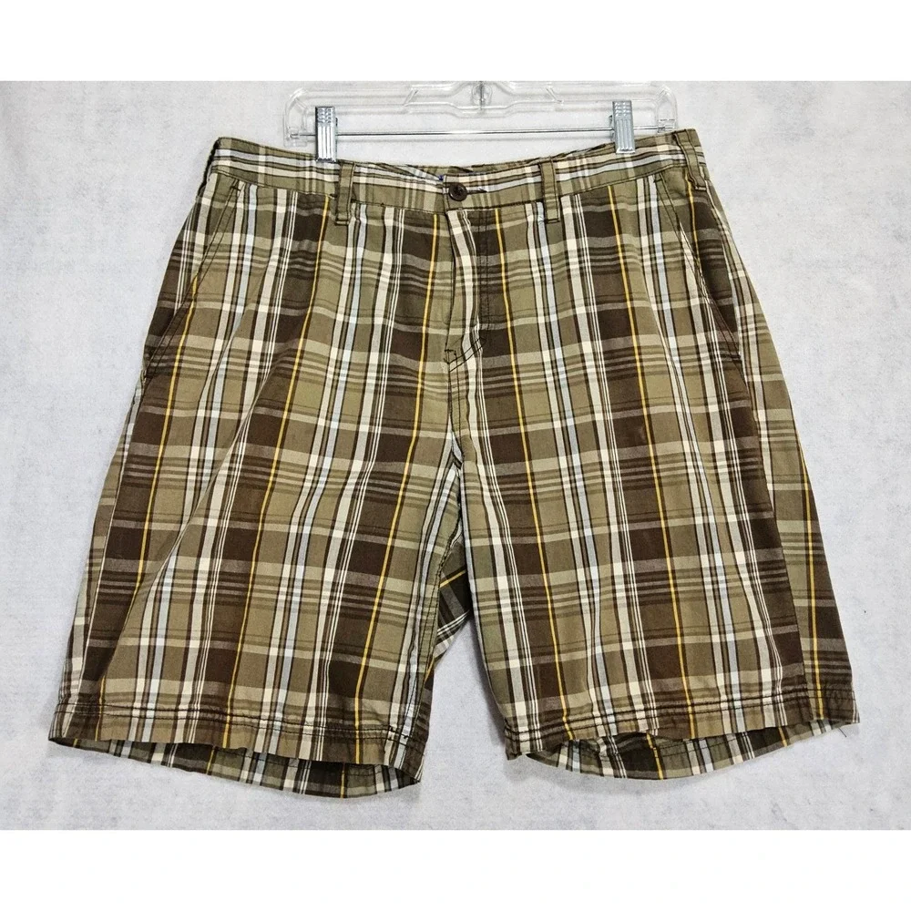 Croft & Barrow Shorts Mens 32 Classic Casual Brown Plaid‎ Beige 100% Cotton